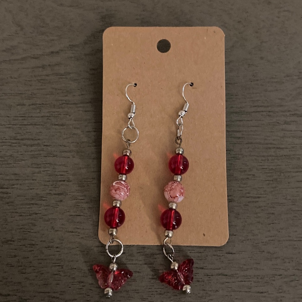 Chic Red Beaded Butterfly Earrings